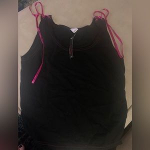 2 piece camisole set, boy short & tank top, ribbon accents in hot pink.